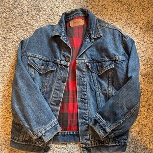 Levi’s Classic Blue Denim Jacket with Red Plaid Lining